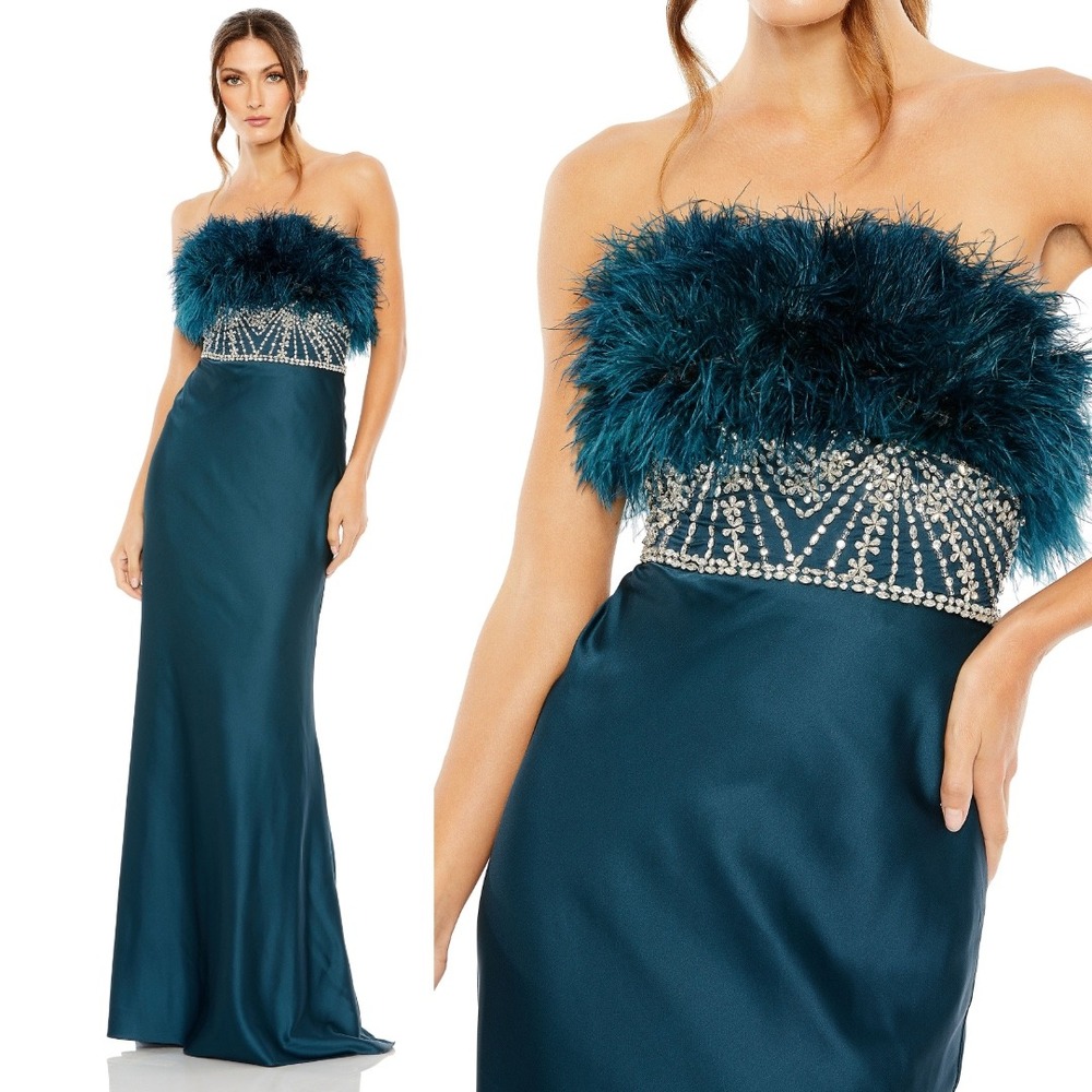 NWT Mac Duggal Teal Feather Bodice Strapless Satin Evening Dress [11686] Size 10